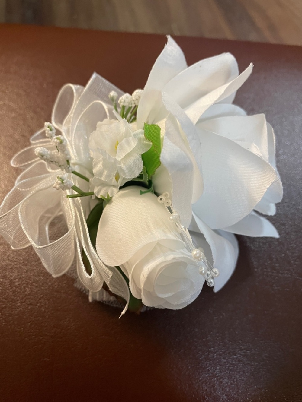 White Silk Rose wrist corsage/pin